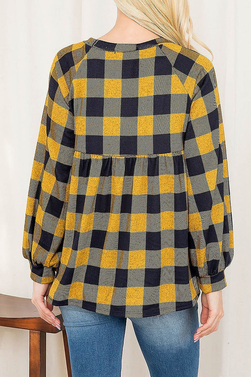 Puff sleeve plaid shirring top (EF2896)