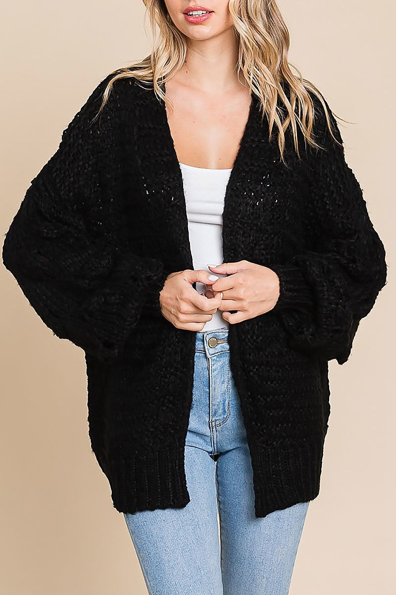 Open front cardigan with popcorn bubble sleeves (EDH1976)