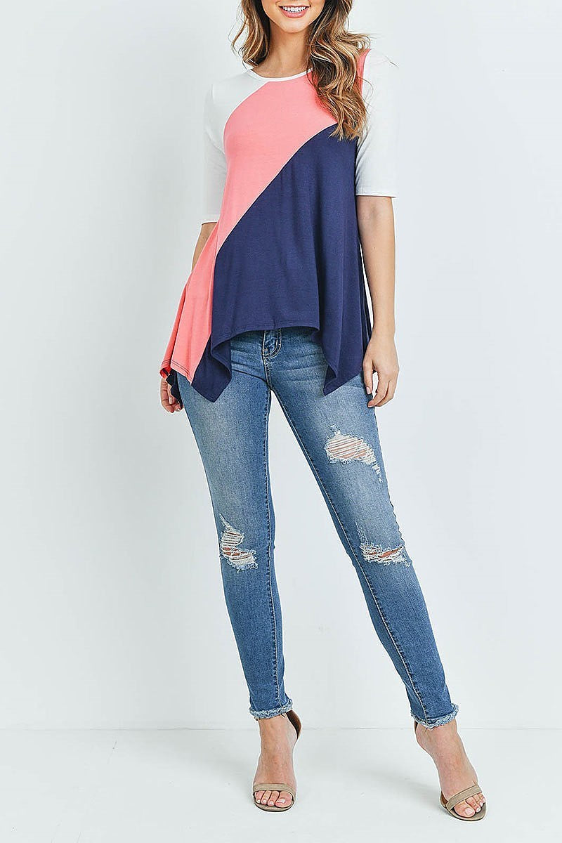 Shark bite hem color block top (ED8551-1)