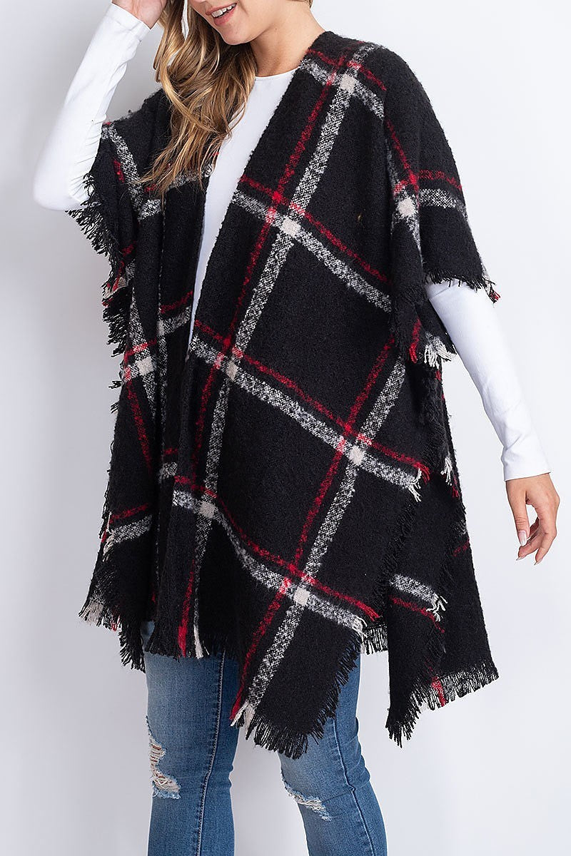 Plaid open front fringe kimono (DGS5408)