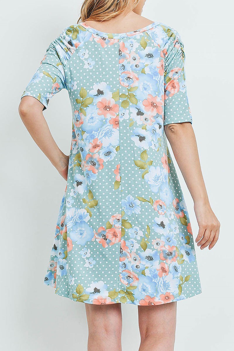 Ruched detail floral polka dot v neck dress (DED6275)