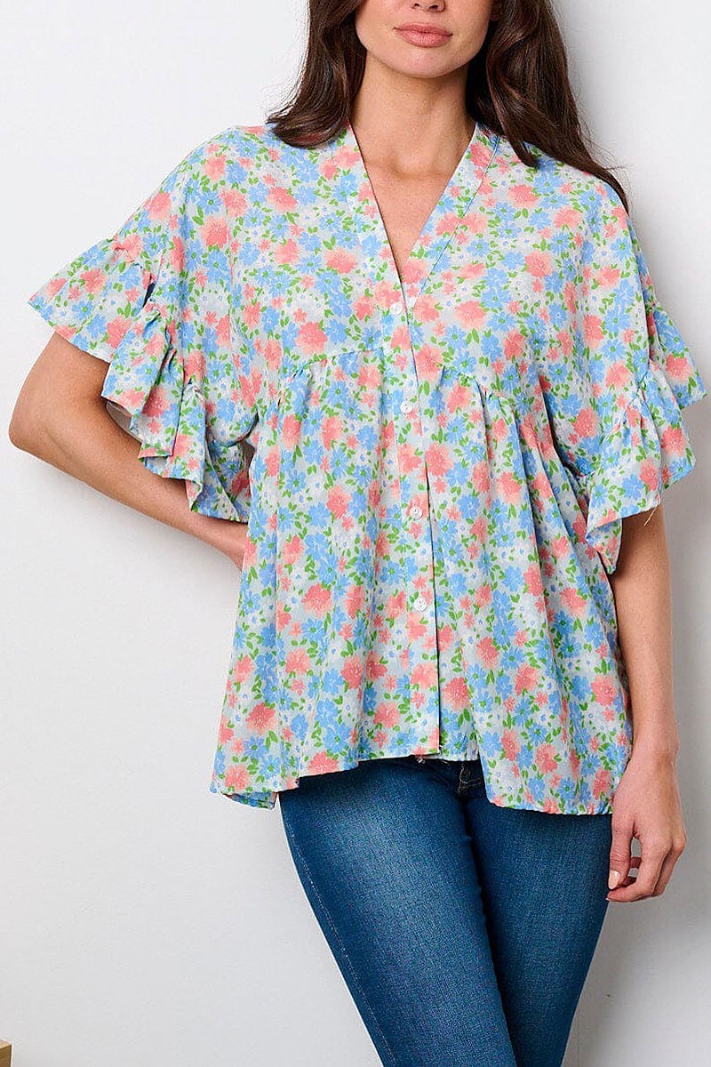 Short sleeve v-neck lace up back floral tunic top (EFWT8951)