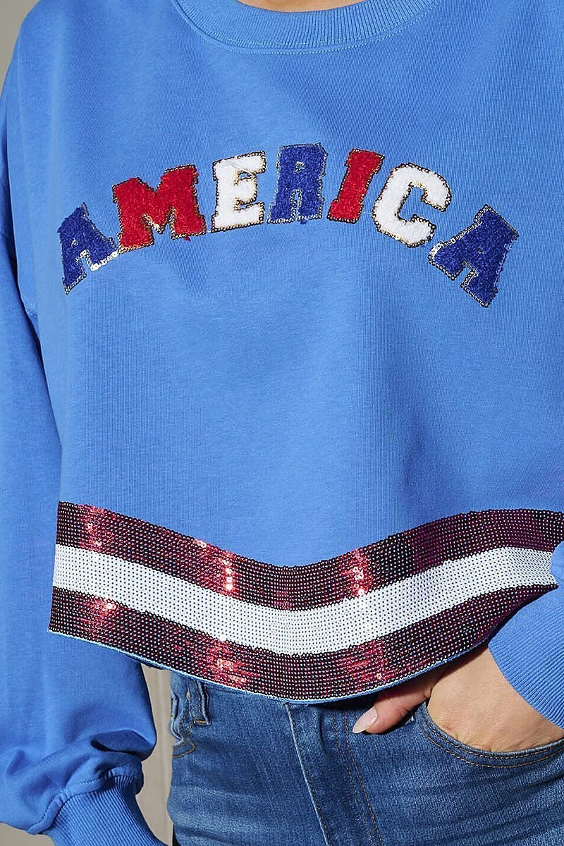 Long sleeve sequins america patriotic top (EFWT9740)