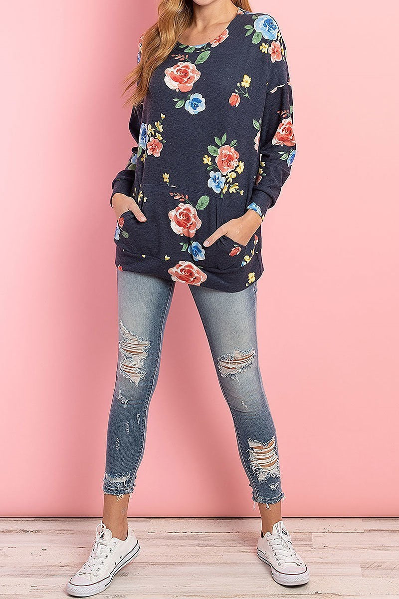 Floral long sleeves pullover with kangaroo pocket (ED8486)