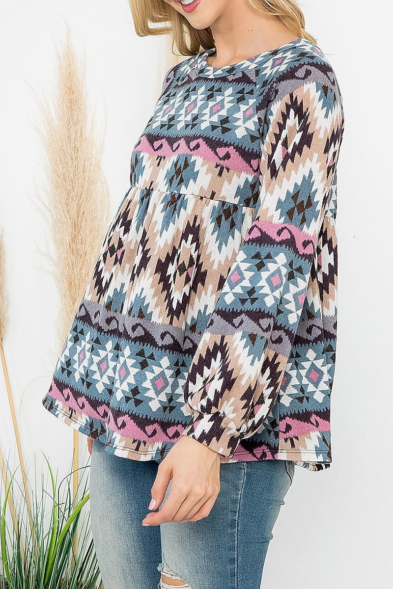 Long puff sleeve aztec printed seed fabric top (EF6827)