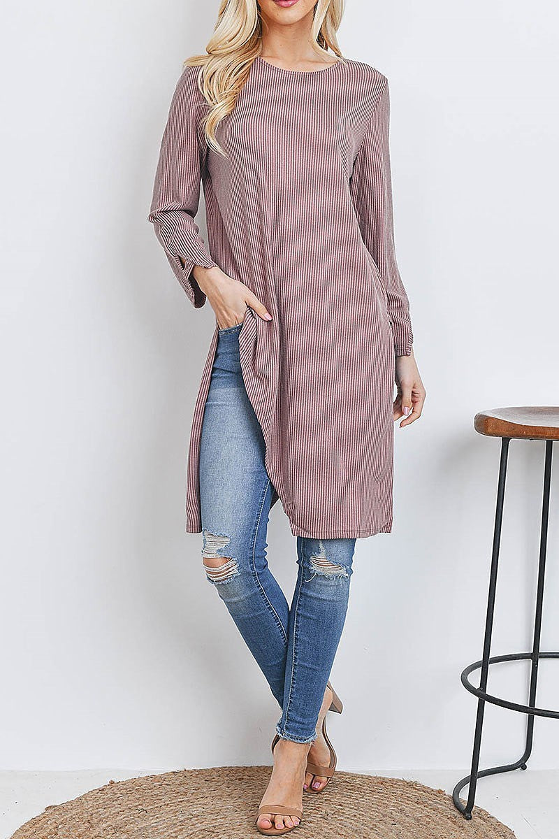 Cutout detail long tunic stipe top (EF2646)