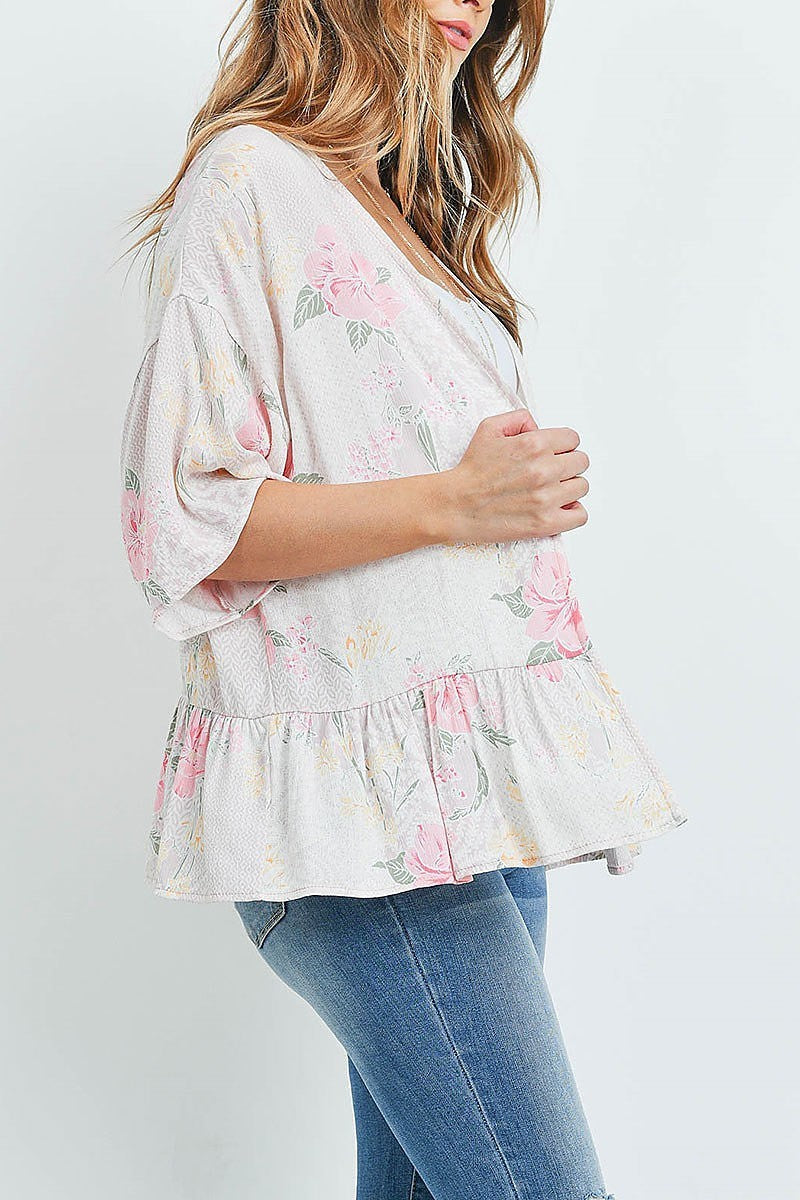 Ruched peplum detail floral print kimono cardigan (ED8756)