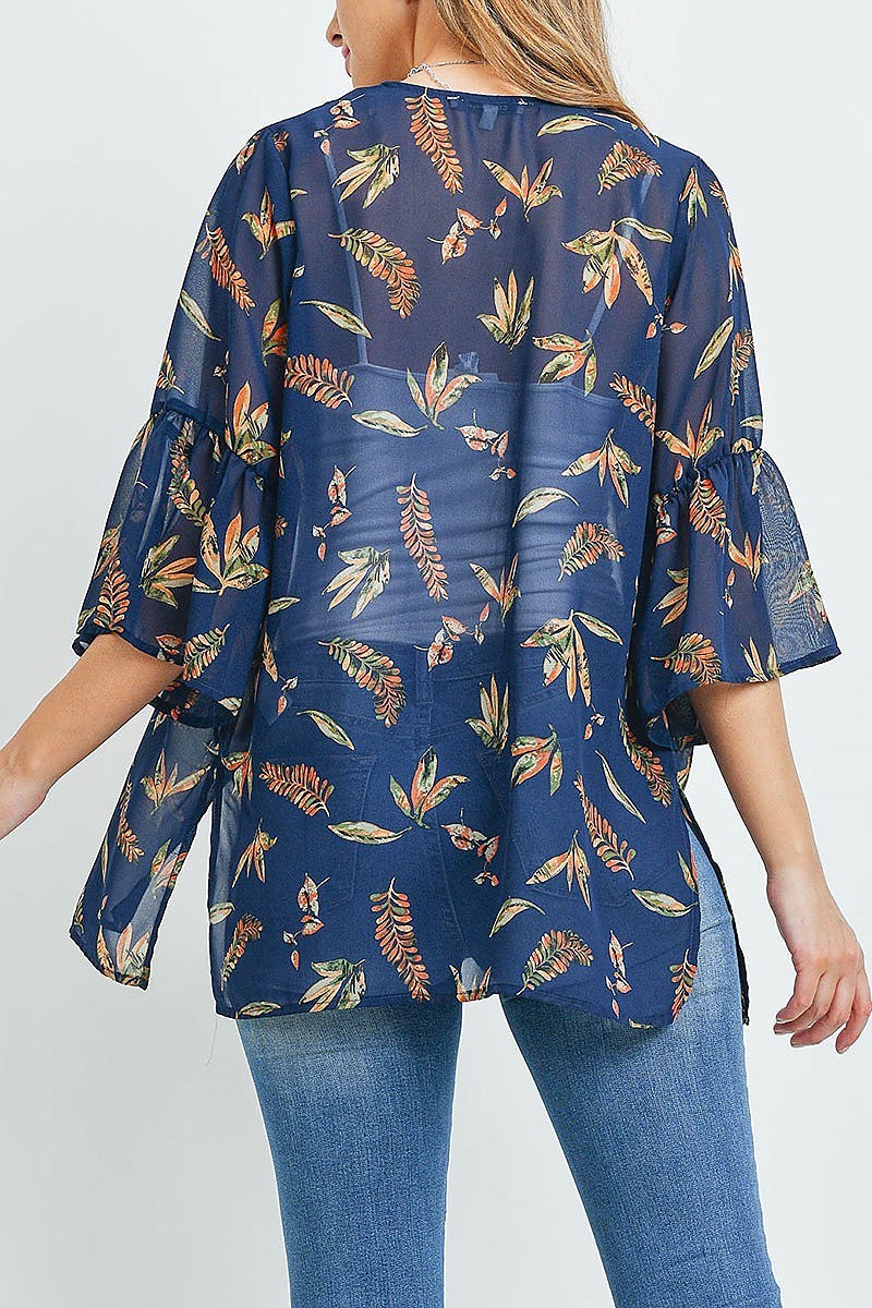 Leaf print sheer kimono top (ED9624)