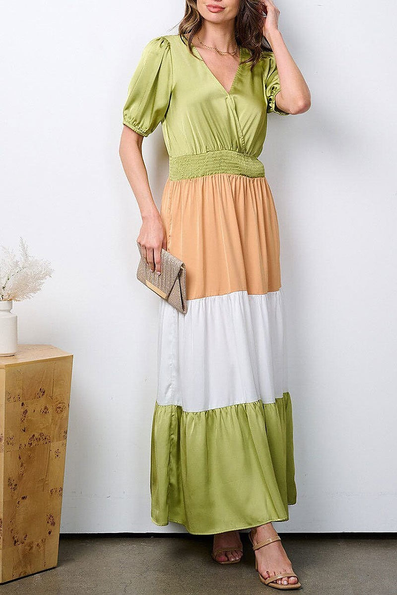 Surplice smock waist colorblock maxi dress (EFWT7326)