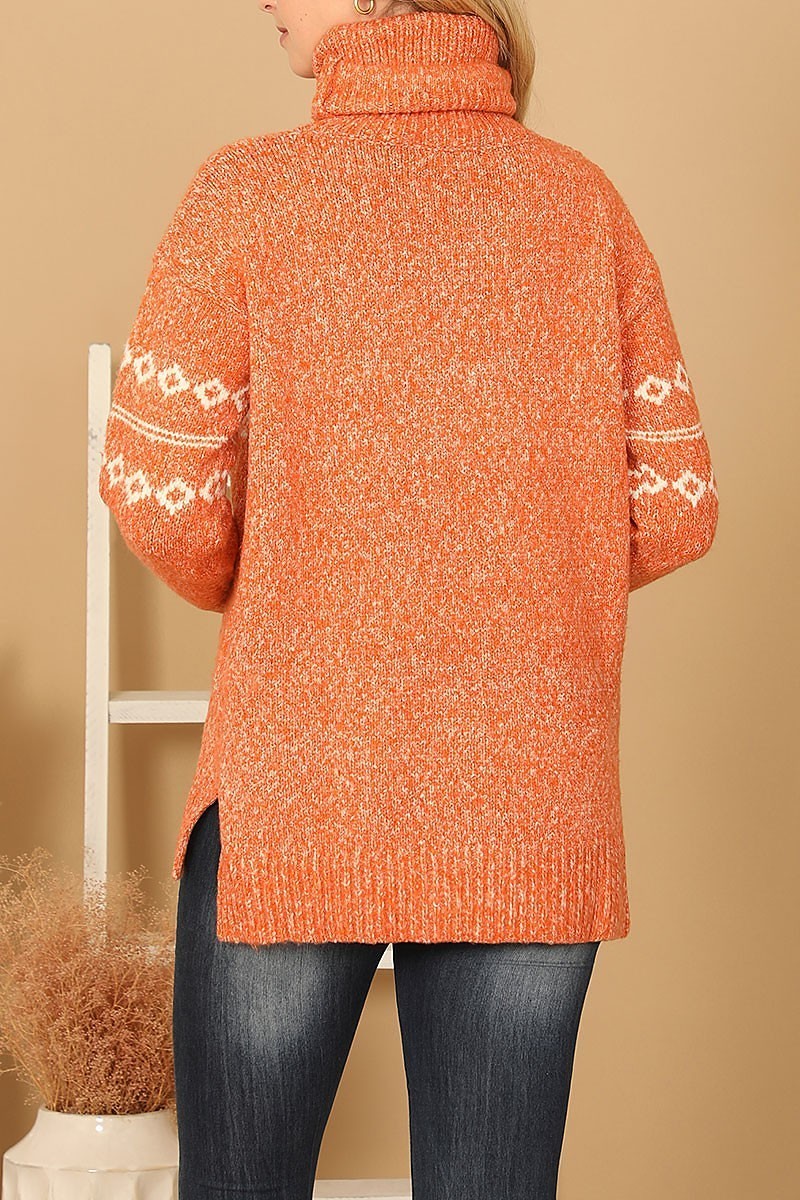 Turtle neck drawstring printed knit sweater (DGS6682)