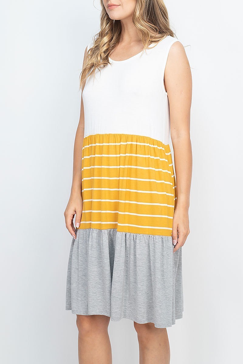 Color block stripe contrast sleeveless pocket dress (DED6746)