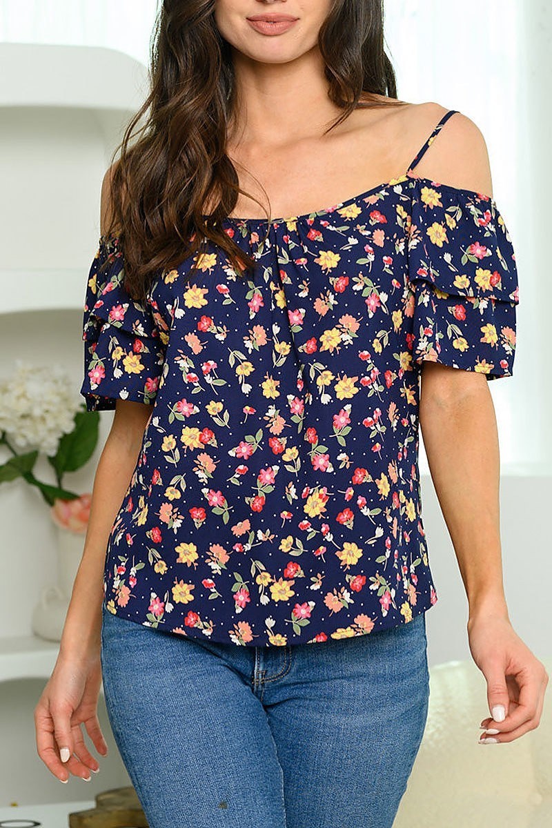 Cold shoulder ruffle floral top (EDWT6070)