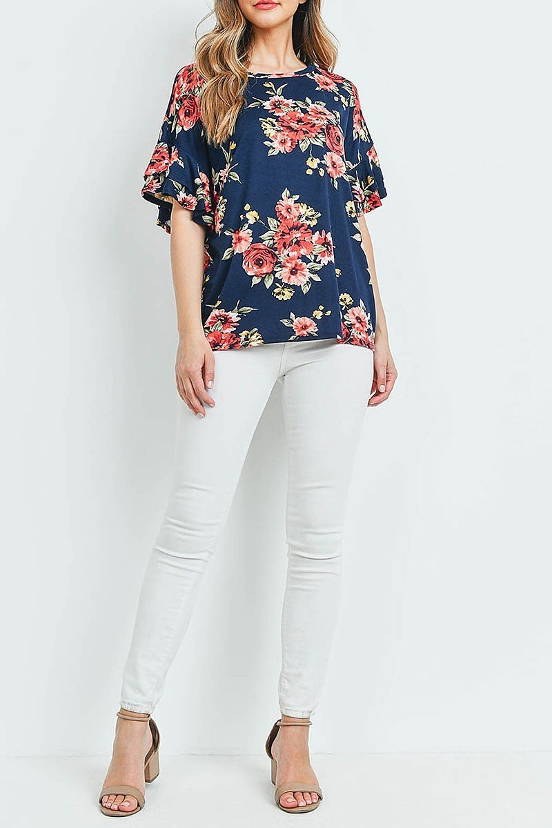 Ruffle sleeves round neck floral print top (ED9438)