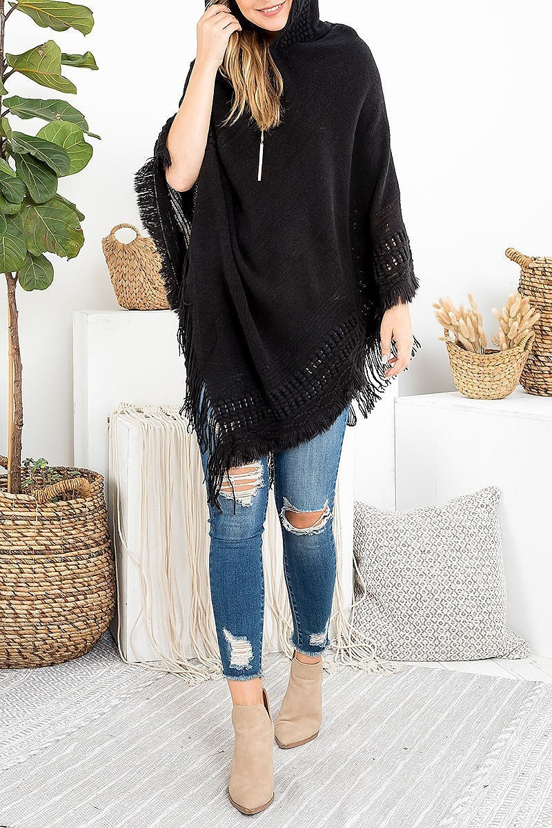 Hooded poncho knit braded tassel fringe (DGS5401)