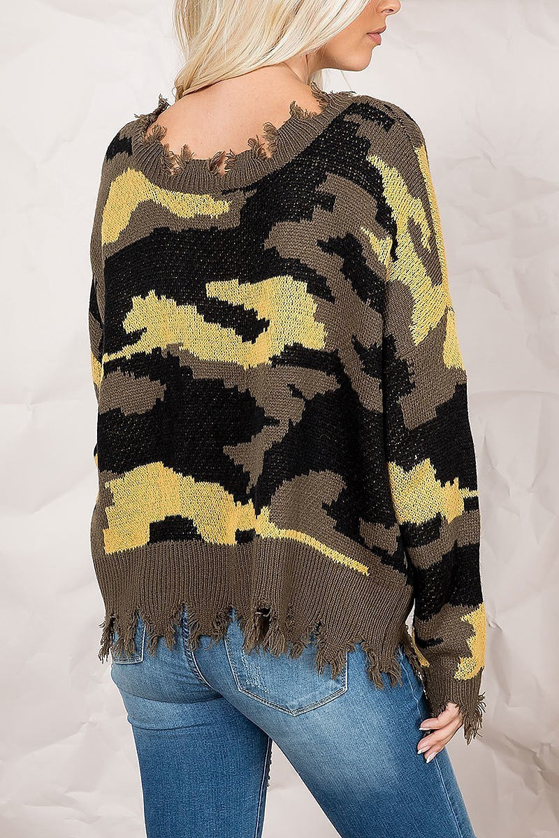 Distressed detail camo patterned sweater (DGS5438)