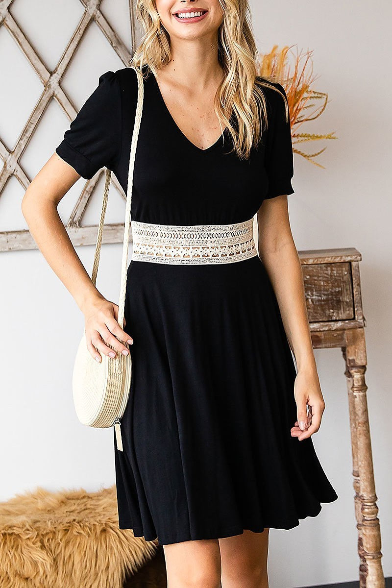 Short sleeve elastic crochet v neck dress (DED8059)