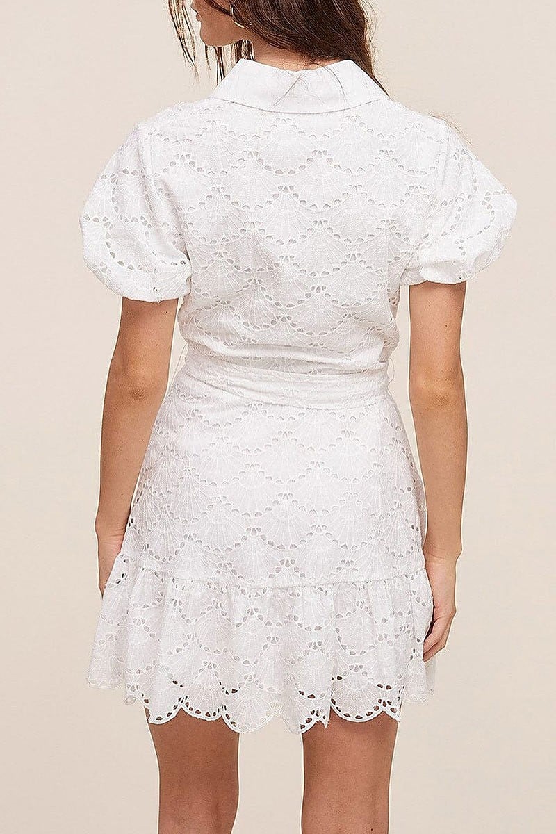 Short puff sleeve button up eyelet mini dress (EFWT5462)