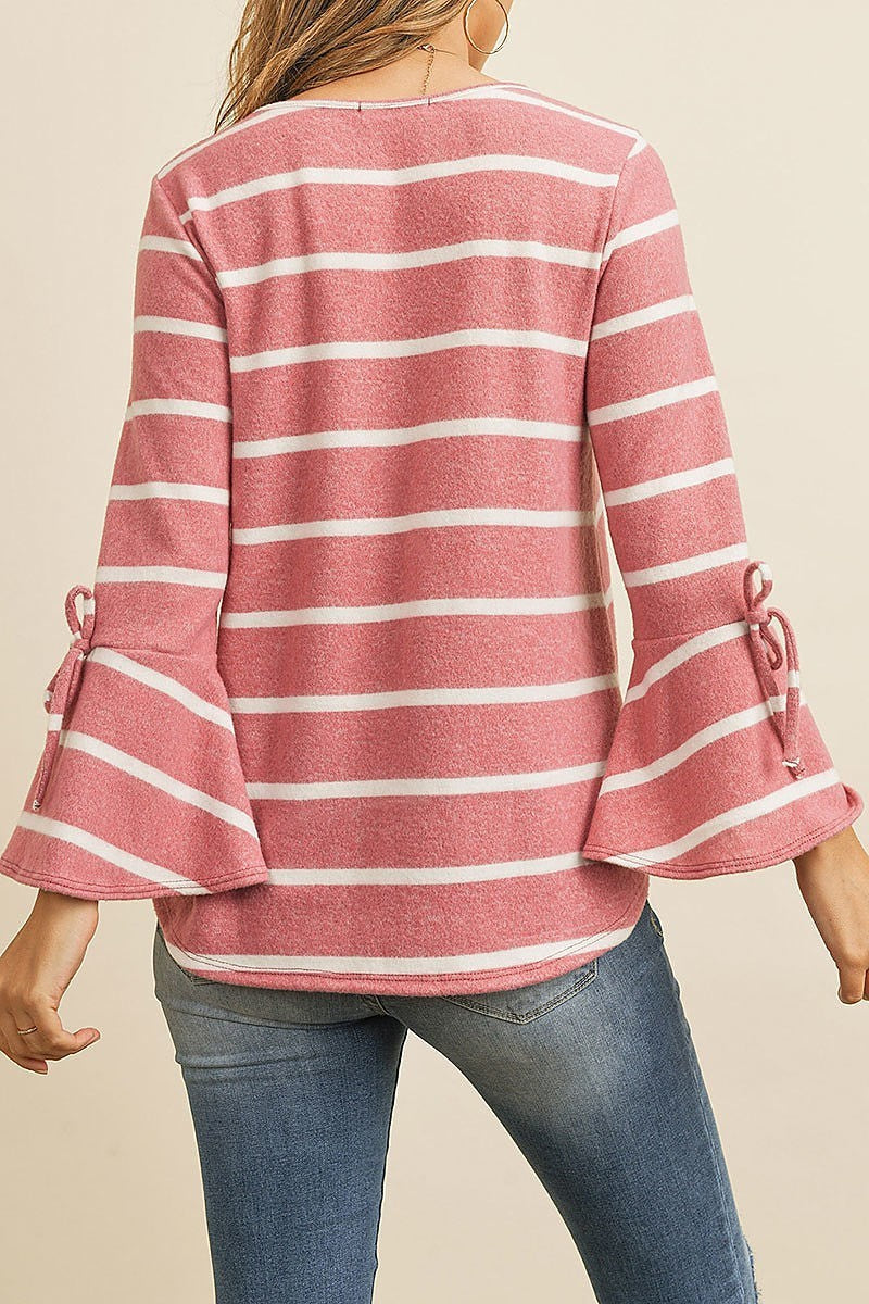 Bell sleeve ribbon detail stripe round hem top (ED8169)