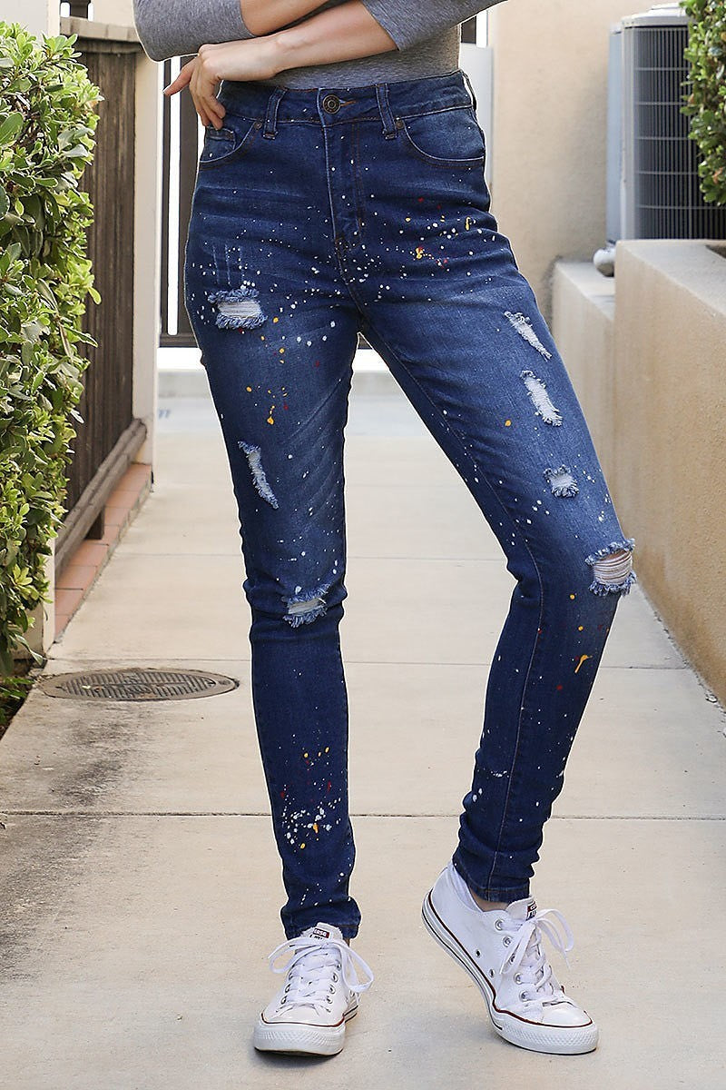 Dark blue paint sprinkle ripped jeans (DGB3785)