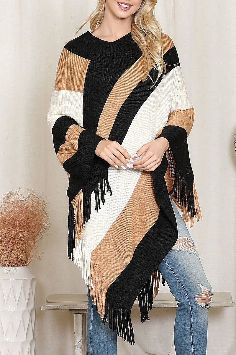 Color block fringe sweater poncho (DGS6331)