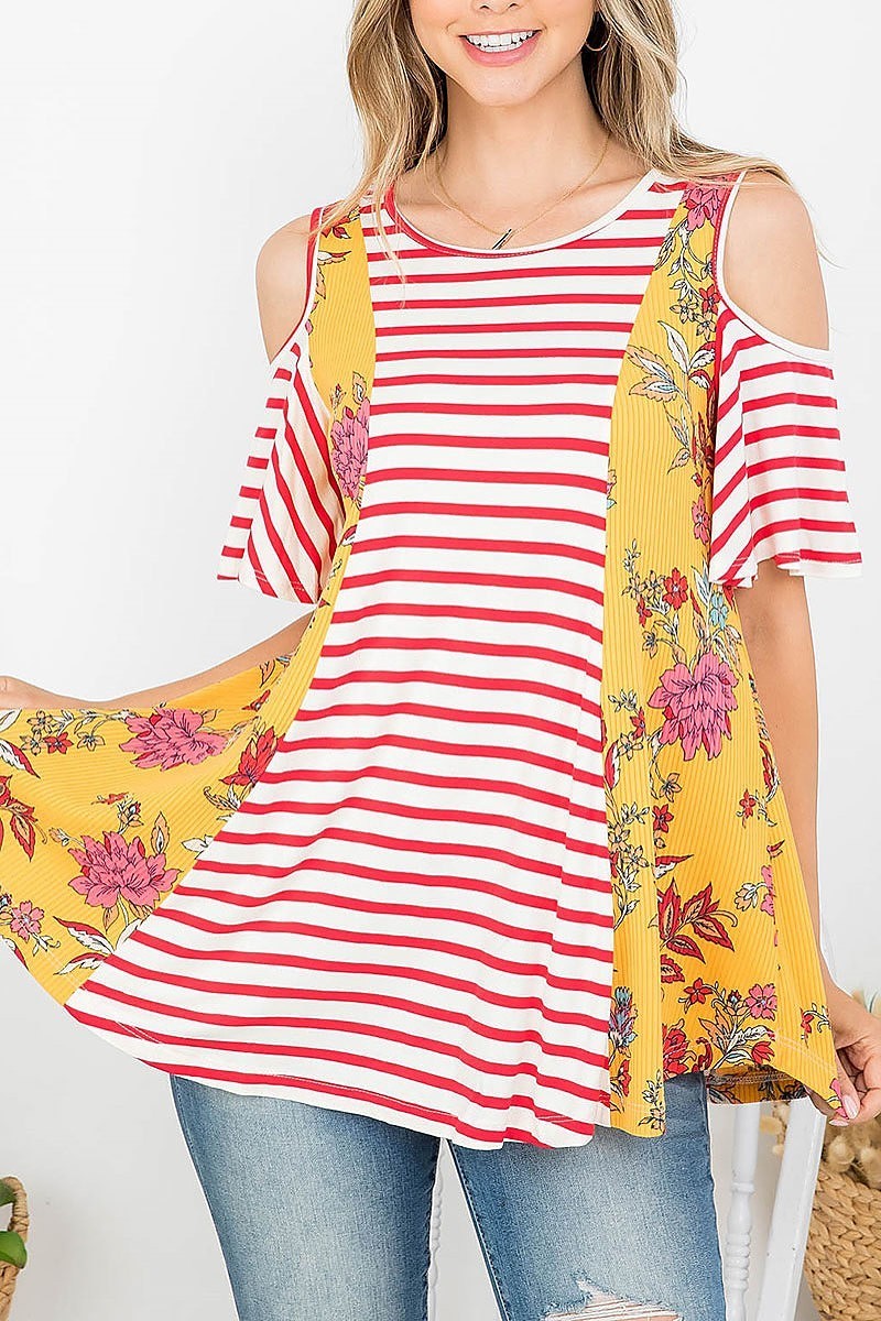 Stripe floral cutout shoulder color block top (EF4333)