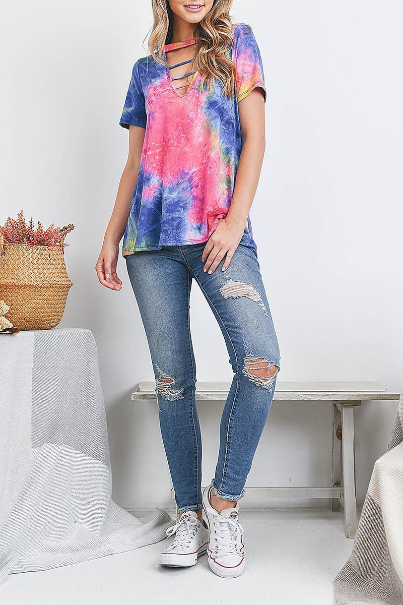 Tie dye keyhole v neck top (EF3242)