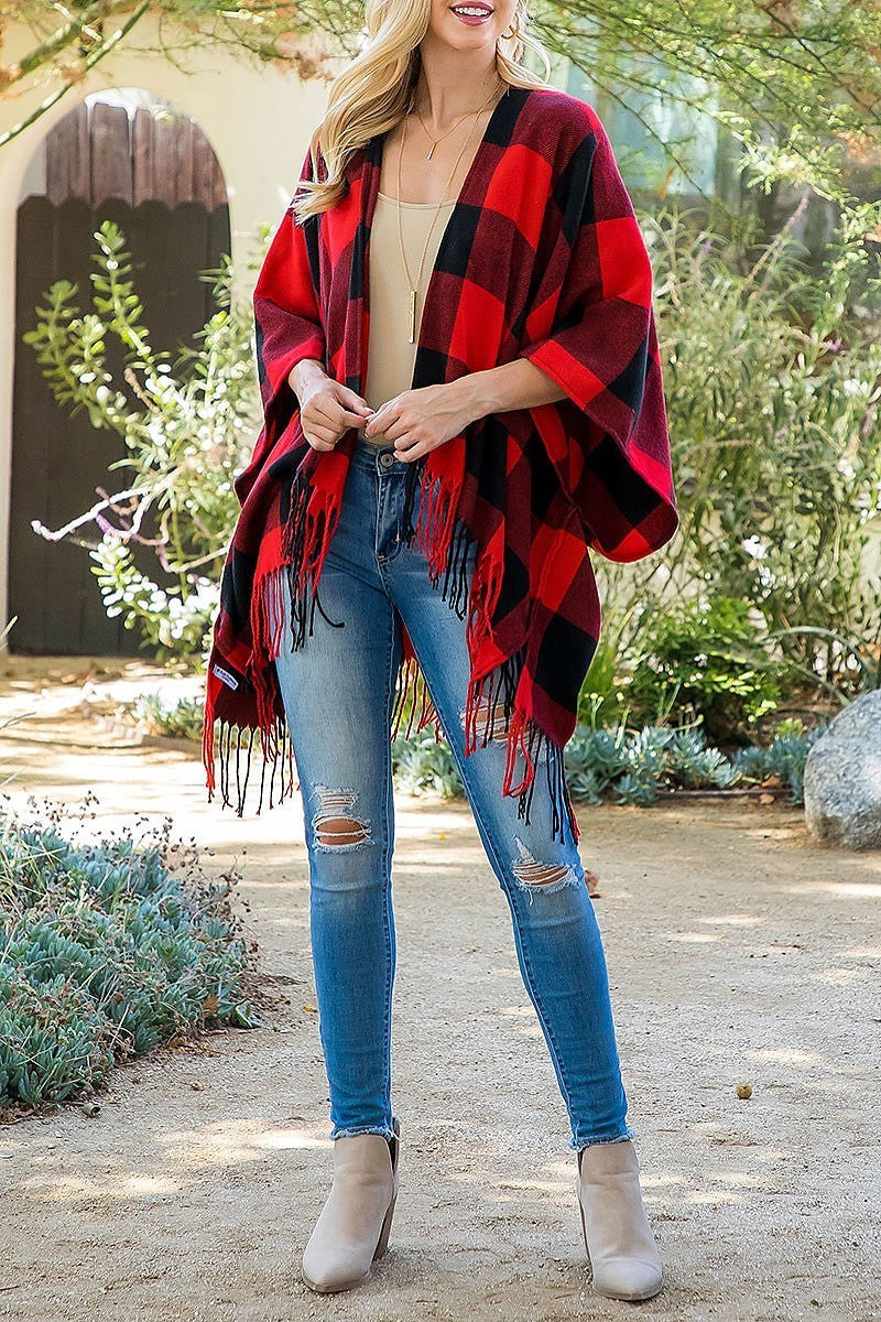 Plaid open front fringe kimono (DGS5879)