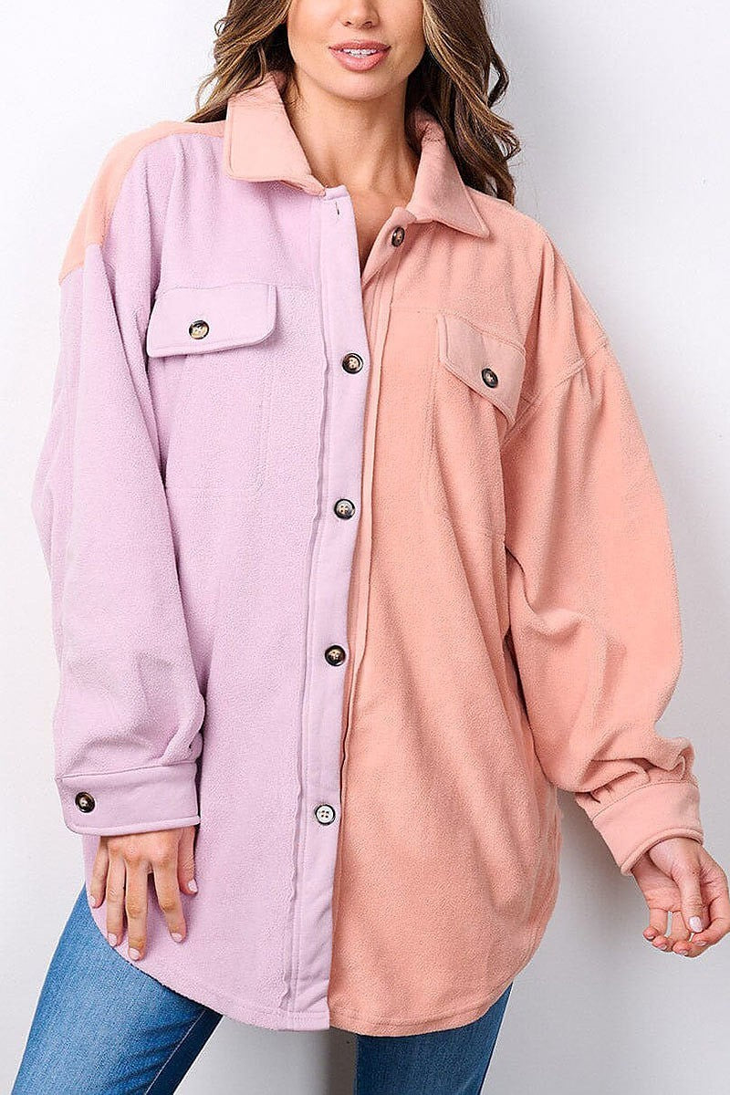 Long sleeve button up oversized colorblock top (EFWT7491)