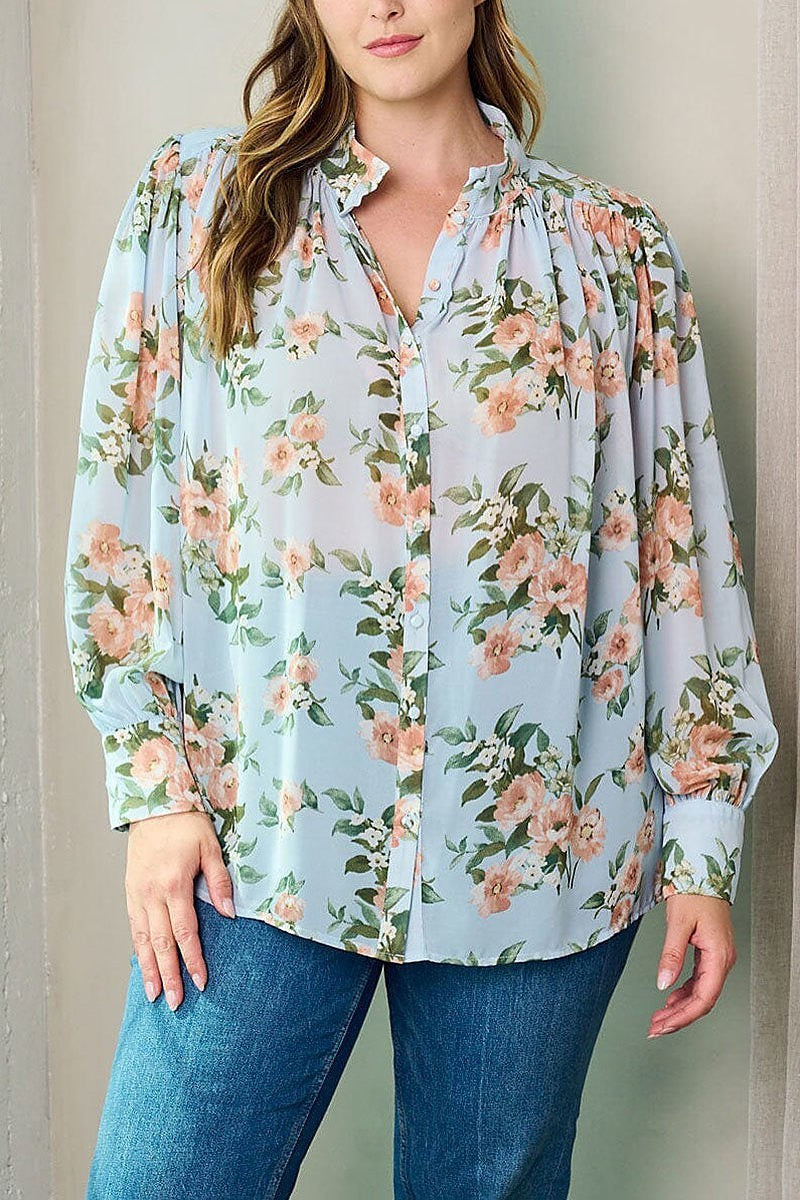 Long sleeve button up floral blouse top (EFWT2724)