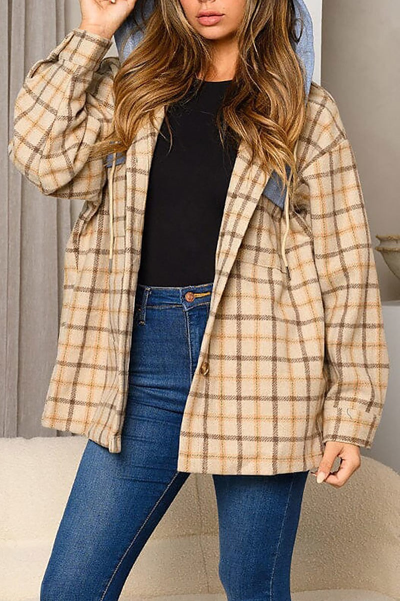 Long sleeve plaid denim hooded jacket (EDWT8354)