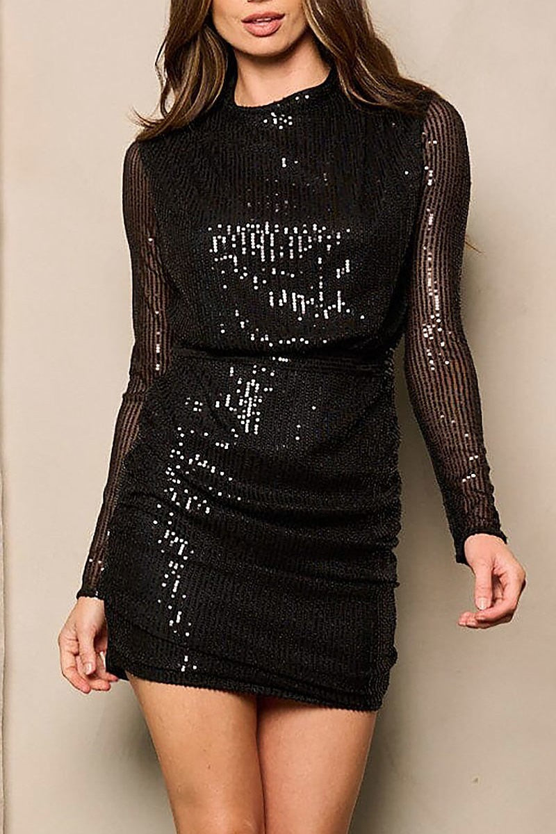 Long sleeve side ruched sequins mini dress (EFWT4995)