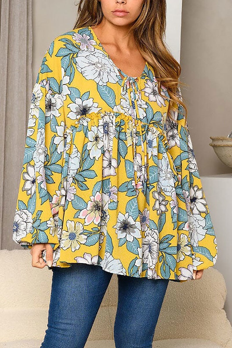 Long sleeve front tie floral print tunic top (EDWT8417)