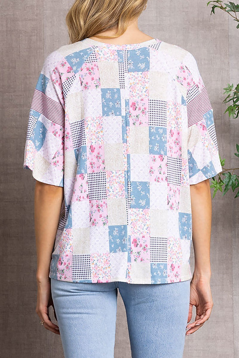 Floral striped patch work over size top (EDSW3333)