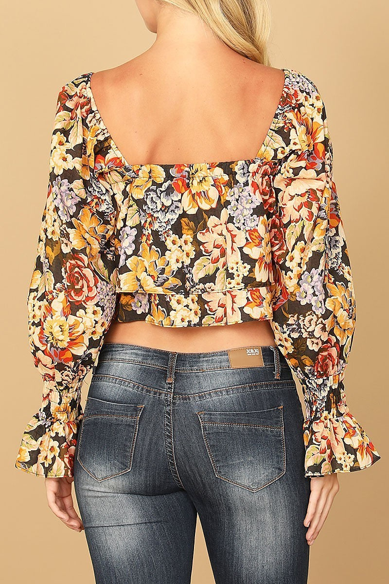 Floral long puff sleeve ruffle hanging top (EF7871)