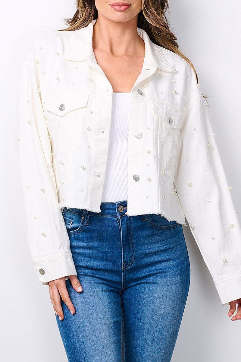 Button closure pearl detailed denim jacket (EFWT7596)