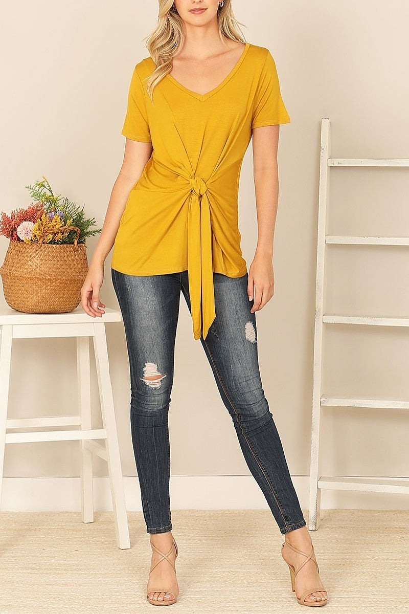 Short sleeve v-neck twist front solid top (EF7729)