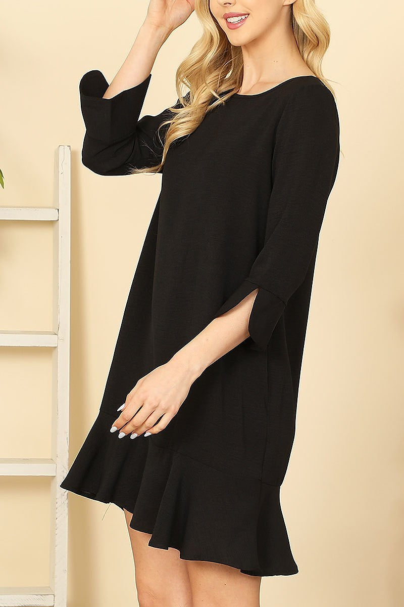 Quarter sleeve ruffle hem solid dress (DED9393)