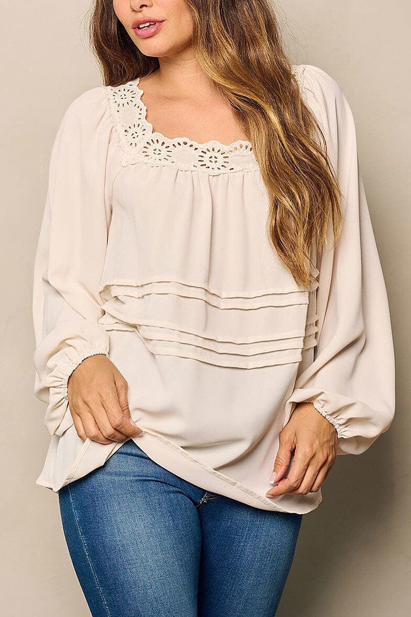 Ballon sleeve eyelet deyailed tunic blouse top (EFWT4815)