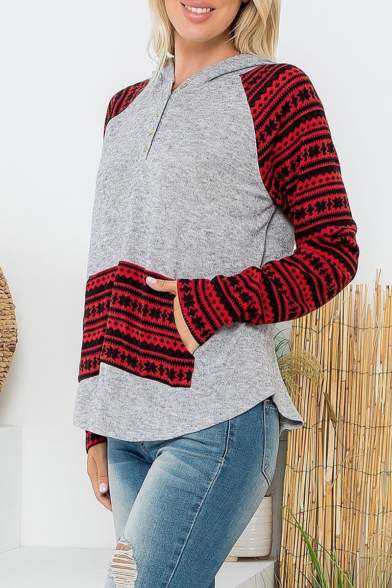 Multi printed contrast hoodie top (EF6098)