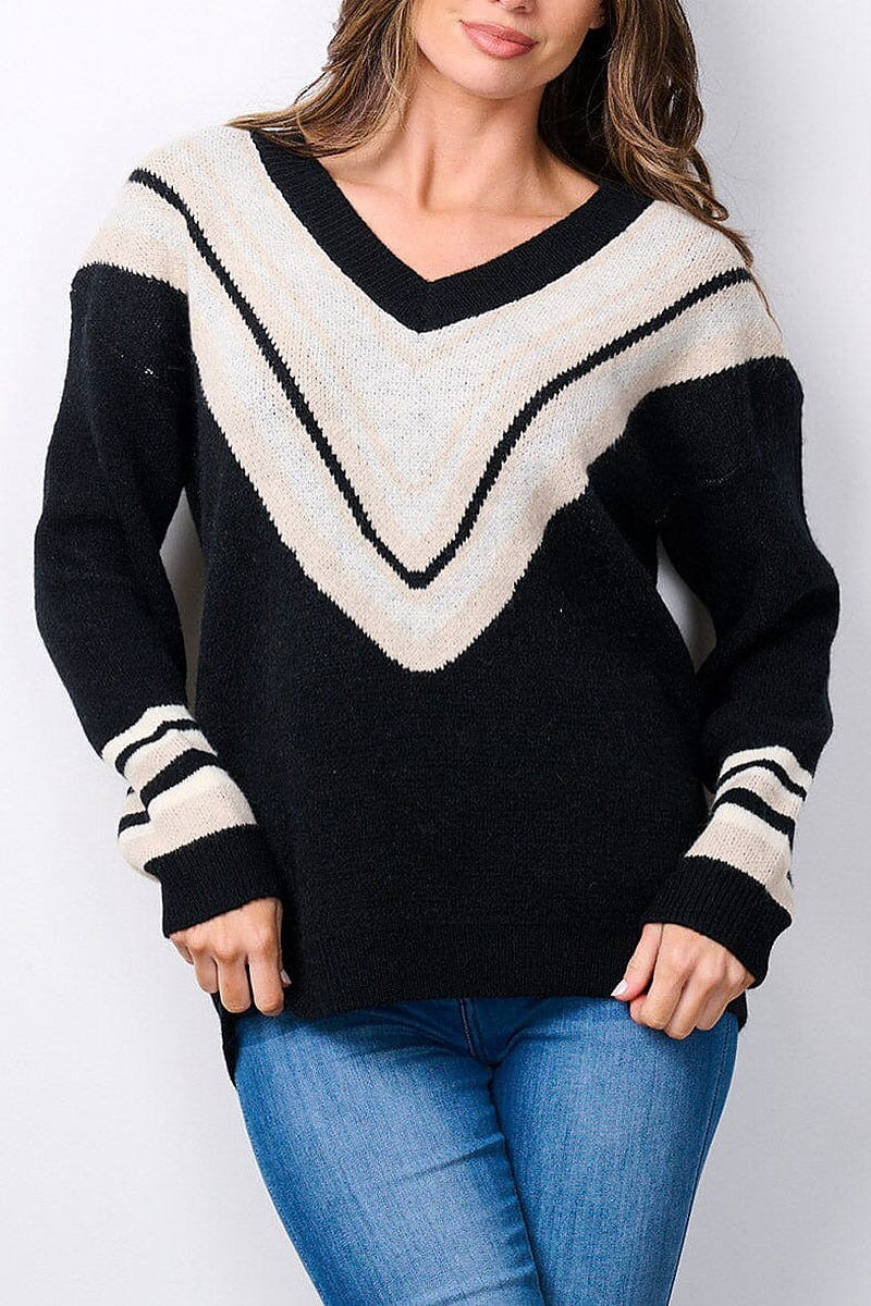 Long sleeve v-neck chevron print sweater (EFWT7496)