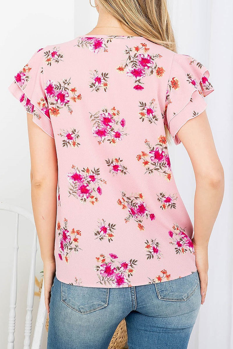 Ruffle sleeve round neck floral blouse (EF4371)