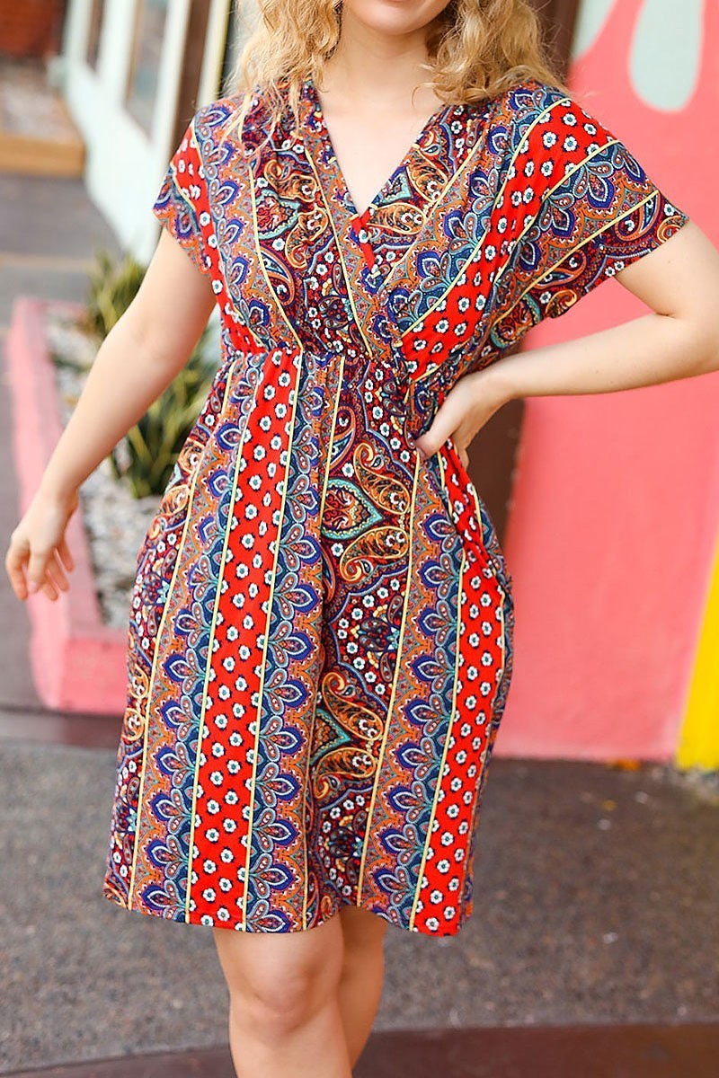 Boho paisley surplice v neck pocketed dress (ETBM4588)