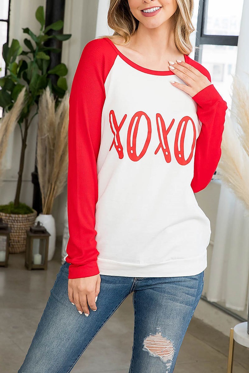 Boat neck xoxo printed raglan top (EF2986)