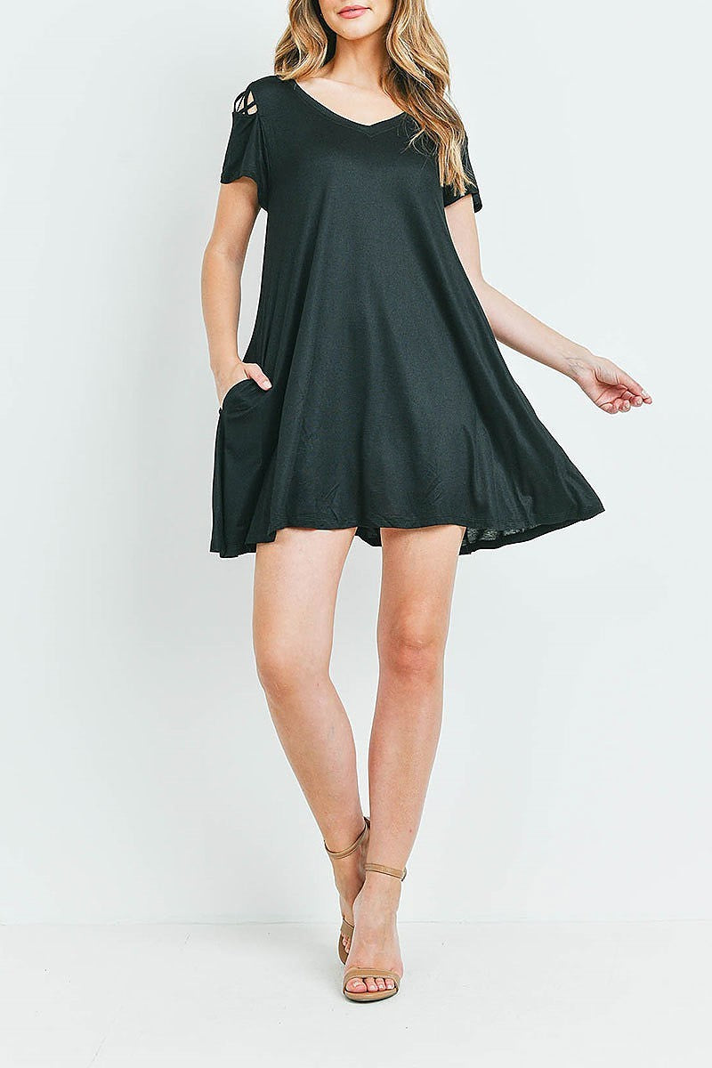 Crisscross detail cutout shoulder pocket dress (DED6164-2)