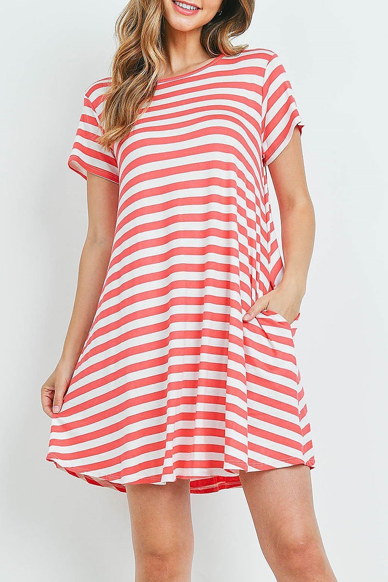 Short sleeves round neck stripes dress (DED6141)