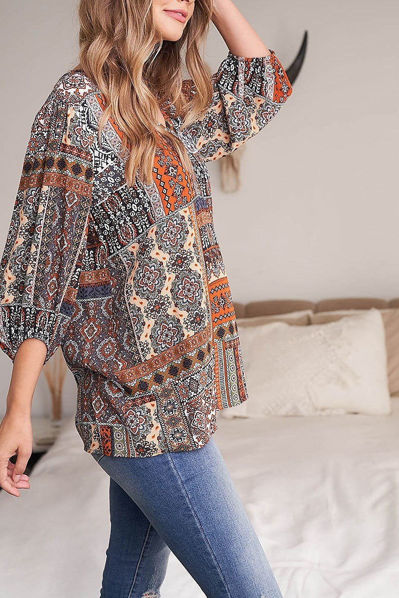 Quarter sleeve v neck front pleat printed top (EF2188)