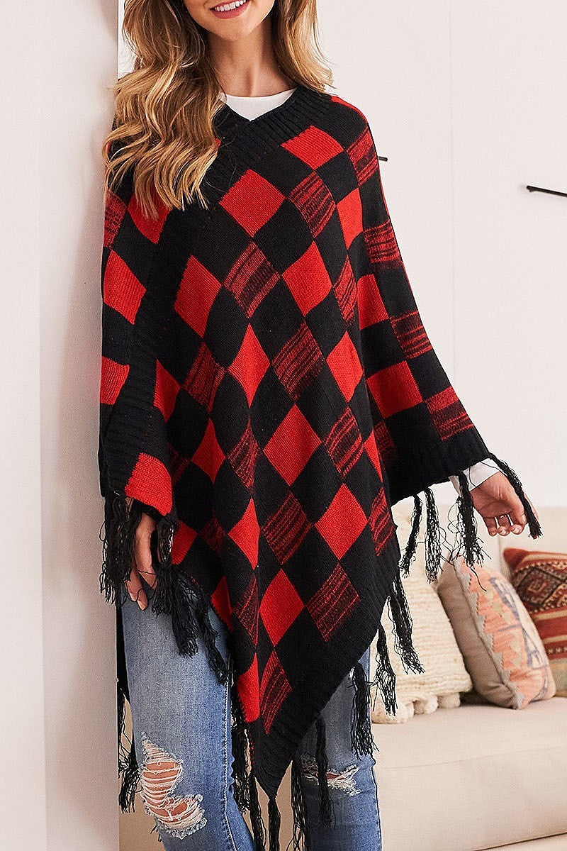 Plaid fringe poncho (DGS5313)