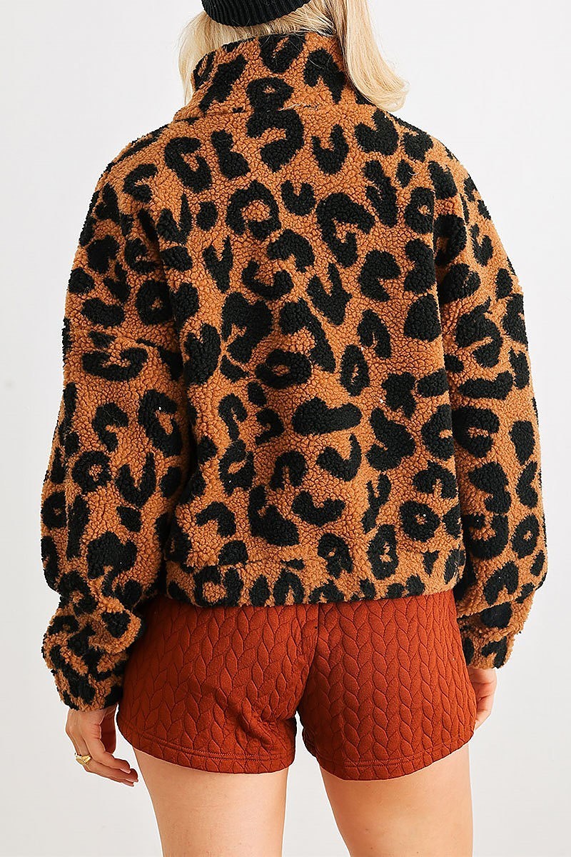 Leopard teddy zip up pocket detail jacket (TED2071)