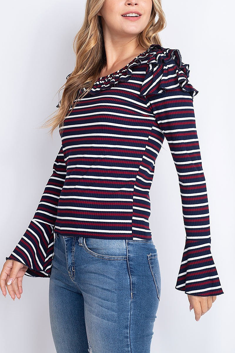 Ruffle detail bell sleeve stripe top (EF1913)