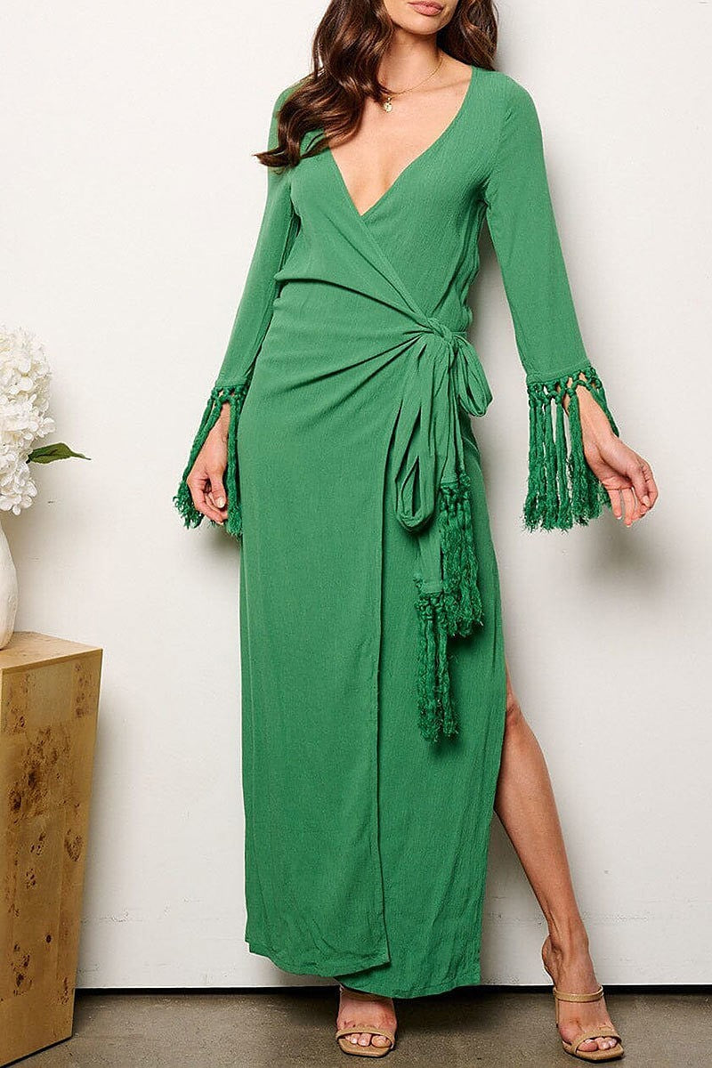 Long tassel sleeve v-neck wrap maxi dress (EGWT1030)